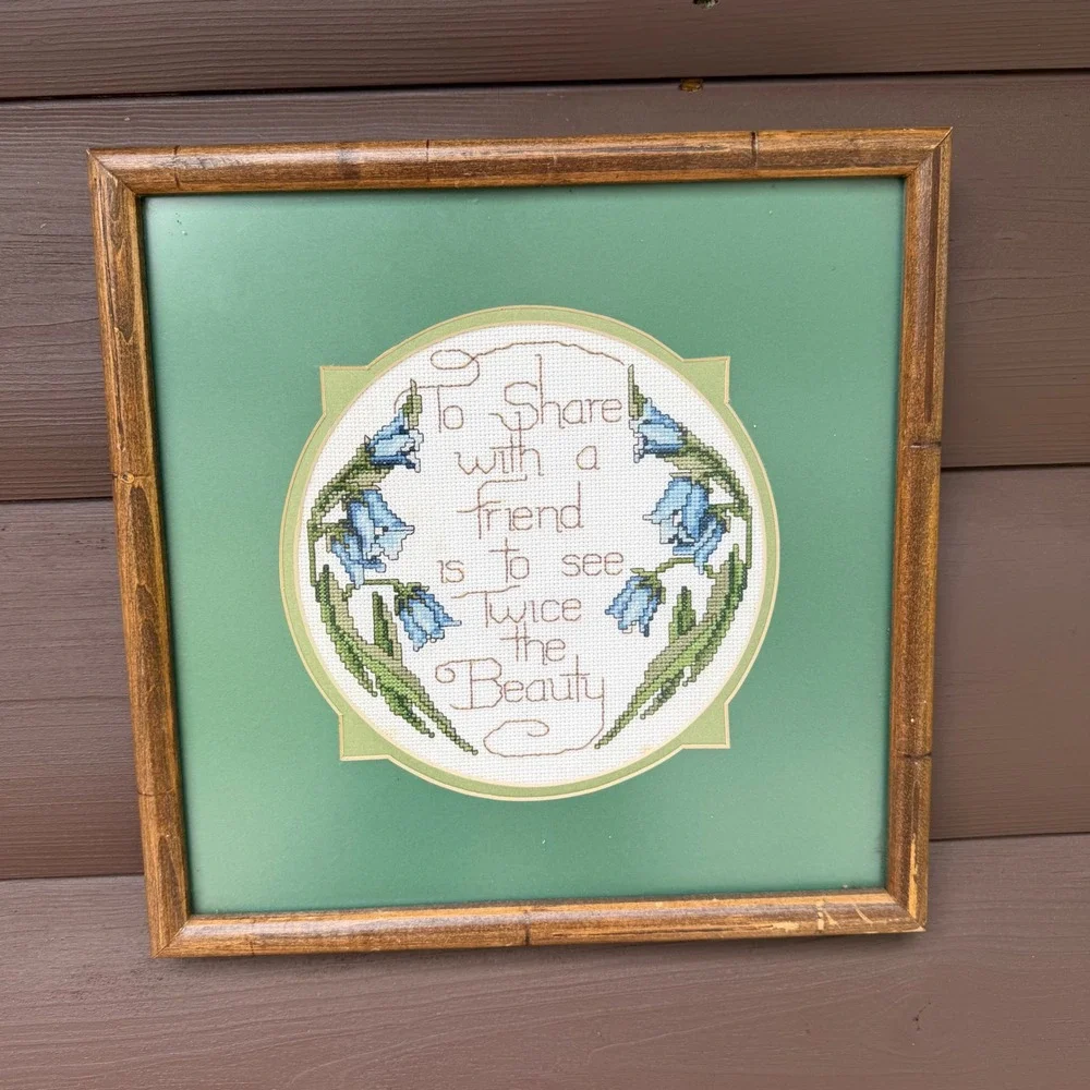 Vintage Framed Cross Stitch Bluebells Friendship Quote Green 12.5in Square Decor